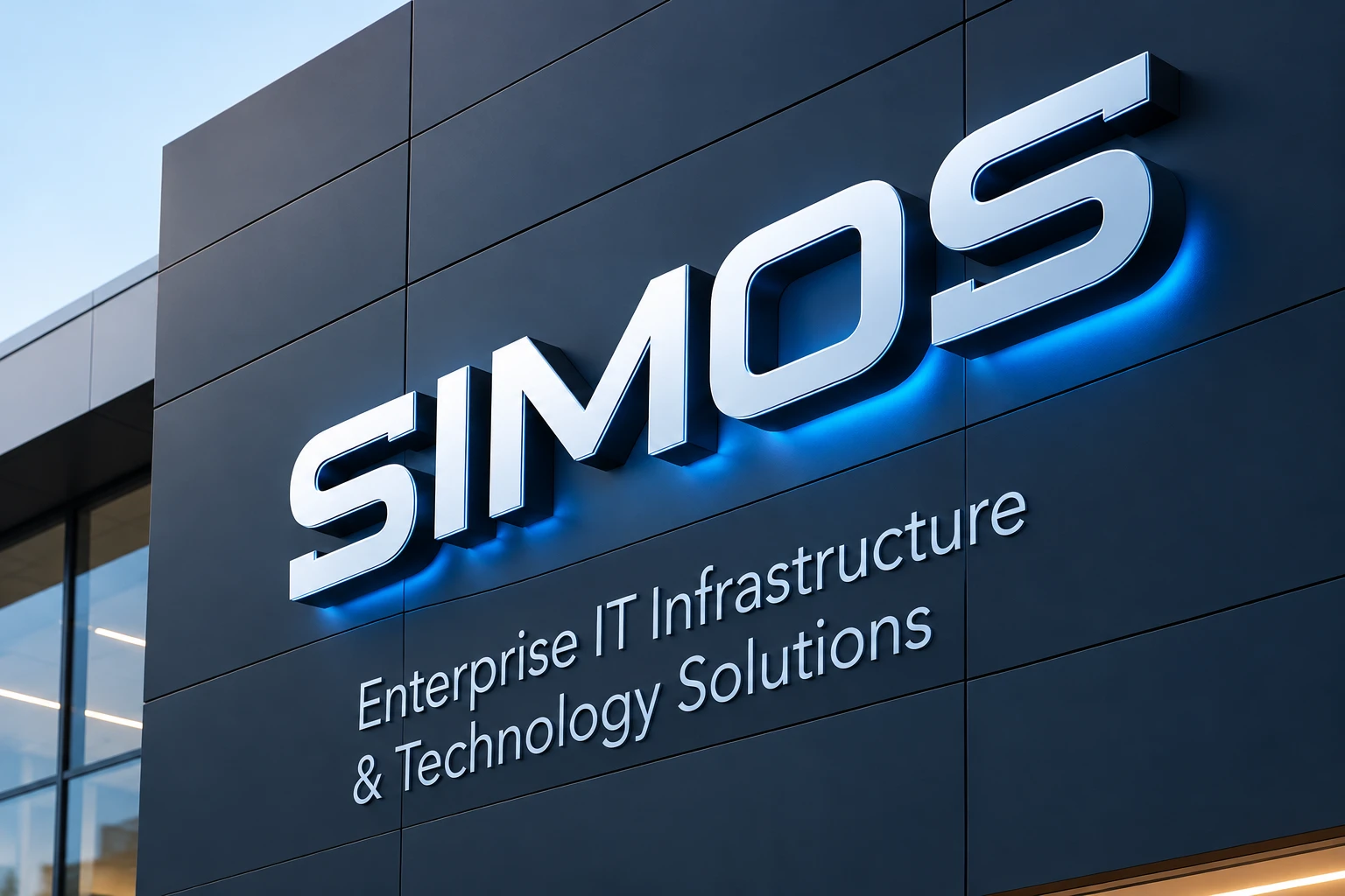 SIMOS signage with blue illumination on a modern building facade