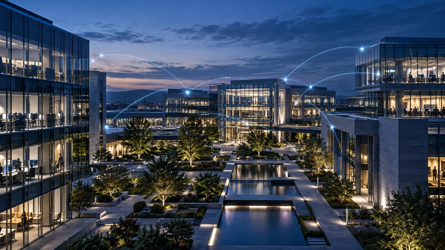 Connected enterprise buildings at blue hour